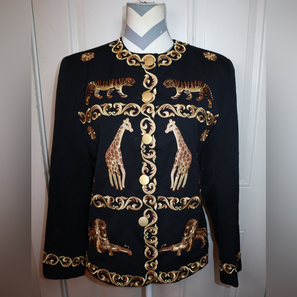 WOMENS JENNA BLACK GOLD LION GIRAFFE CHEETAH 100% WOOL BLAZER Size 10